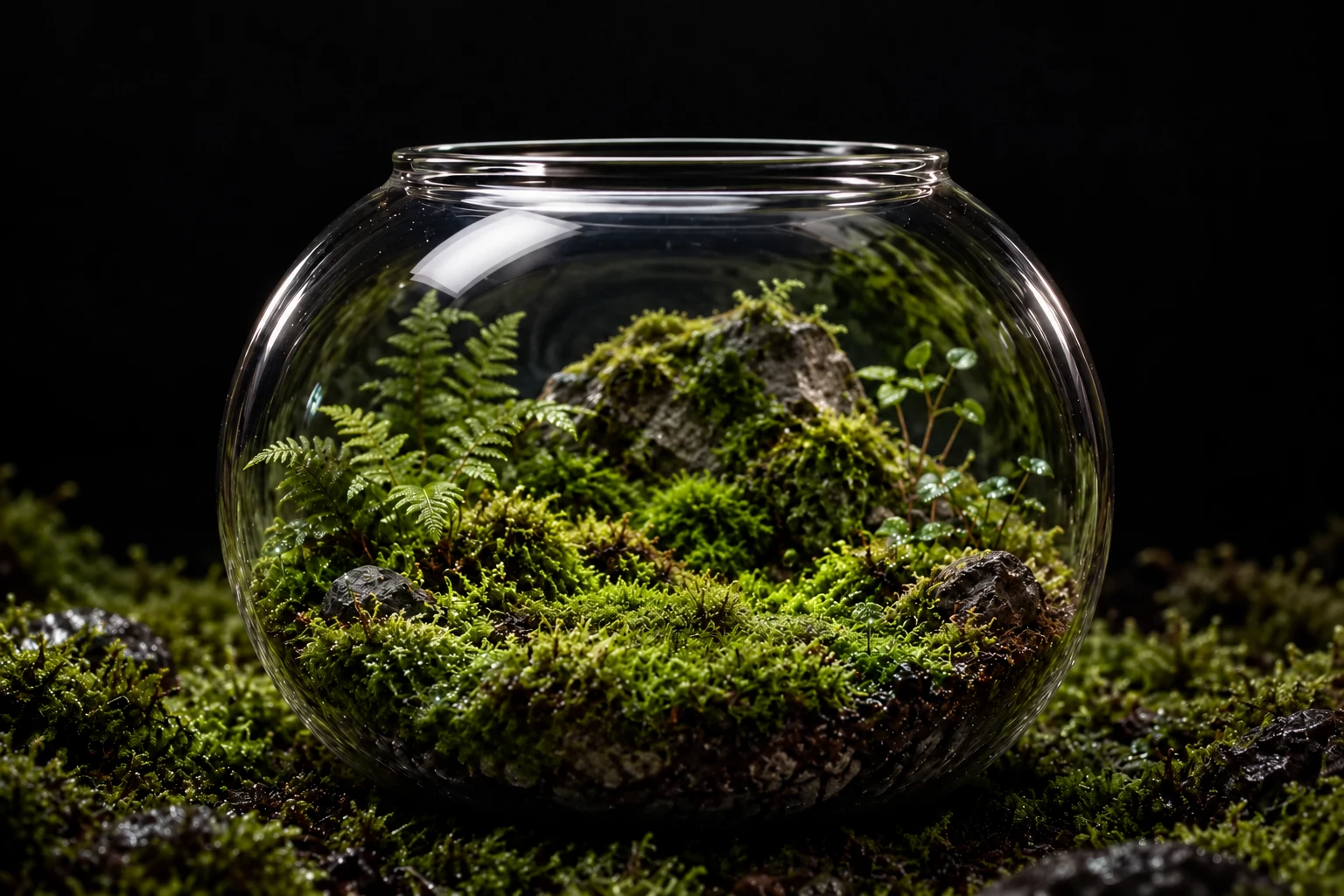 A moss-filled glass terrarium in a dark little forest