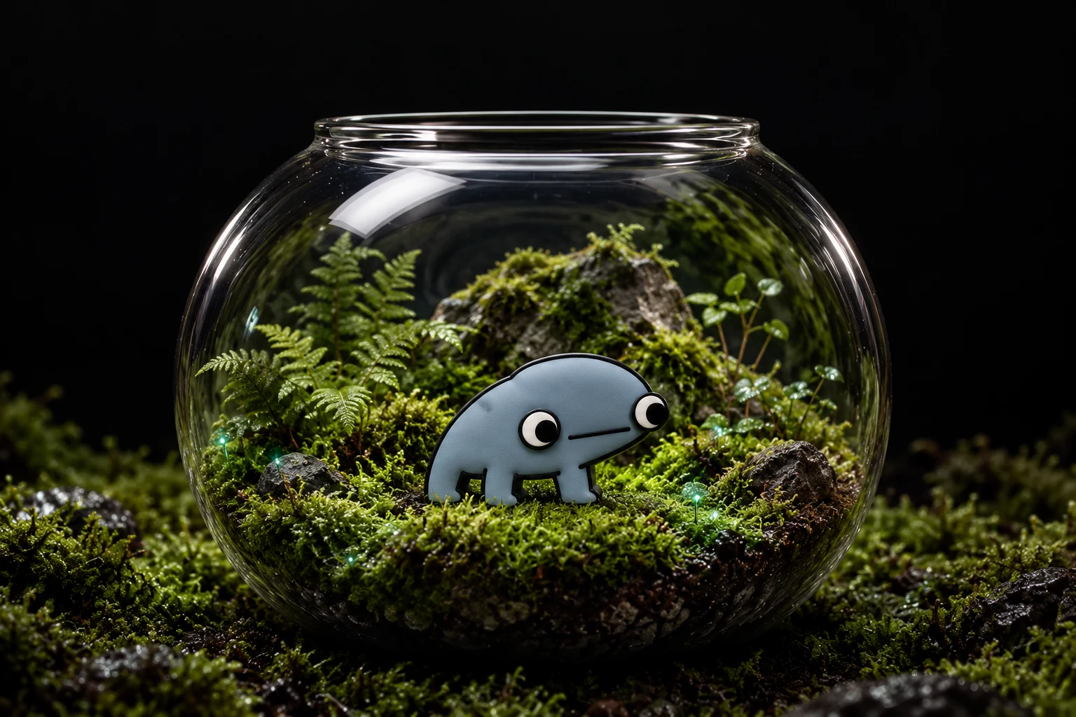 Frongus at home in his moss-covered glass world